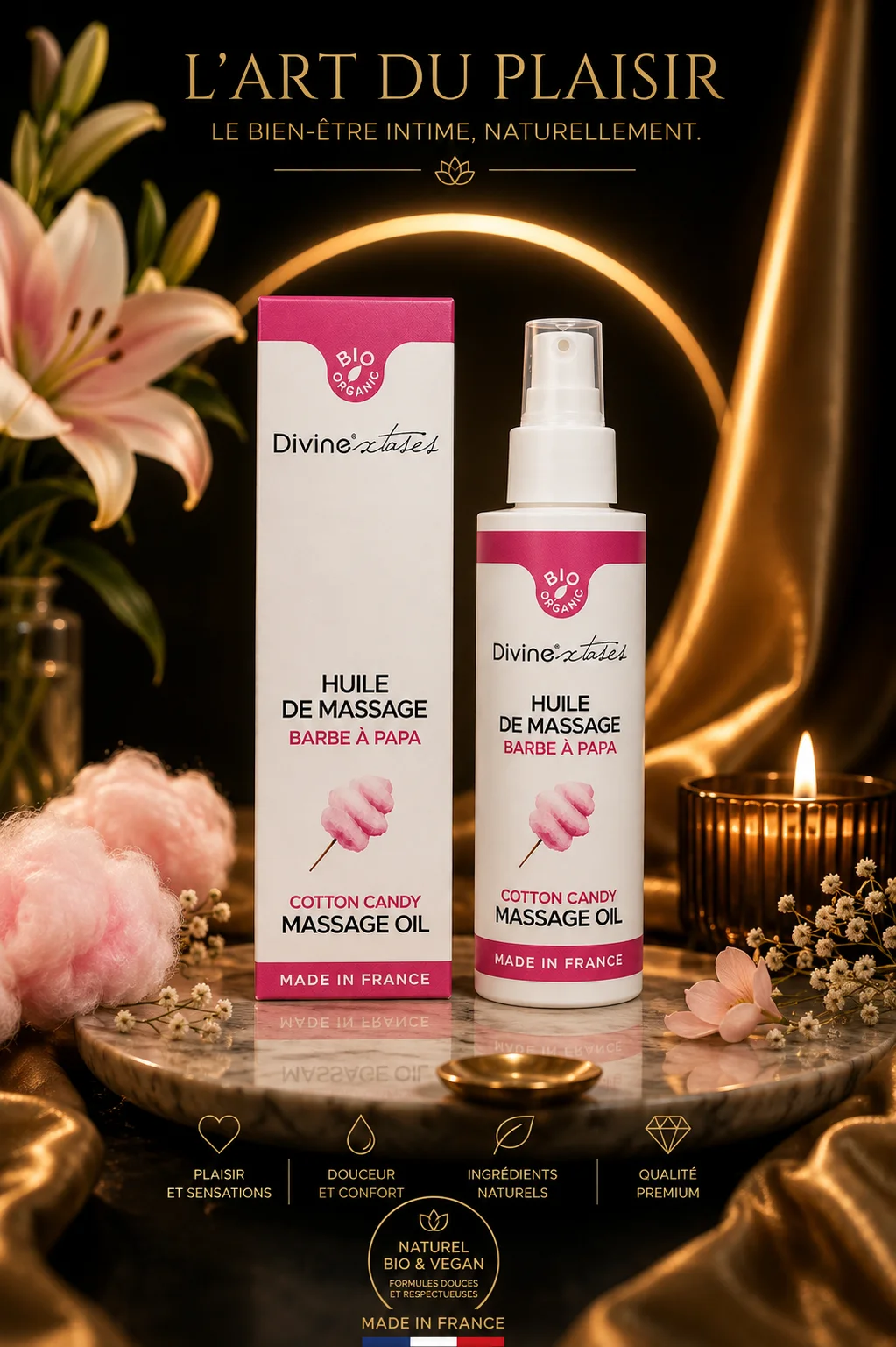 Huile de massage Barbe à Papa BIO 100ml Divine Xtases comestible hydratante fabriquée en France