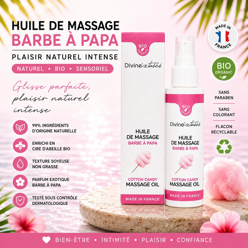 Visuel détaillé de l’huile de massage Barbe à Papa BIO 100 ml Divine Xtases : ingrédients d’origine naturelle, texture soyeuse non grasse, fabriquée en France
