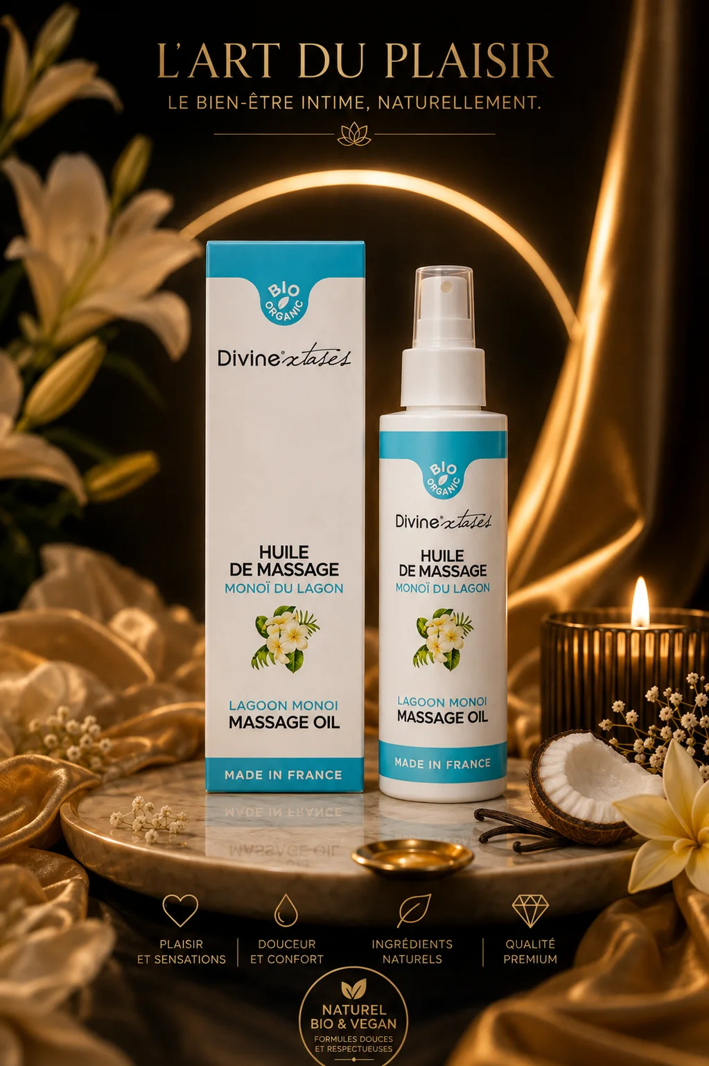 Huile de massage Monoï BIO 100ml Divine Xtases comestible hydratante à l'argan fabriquée en France