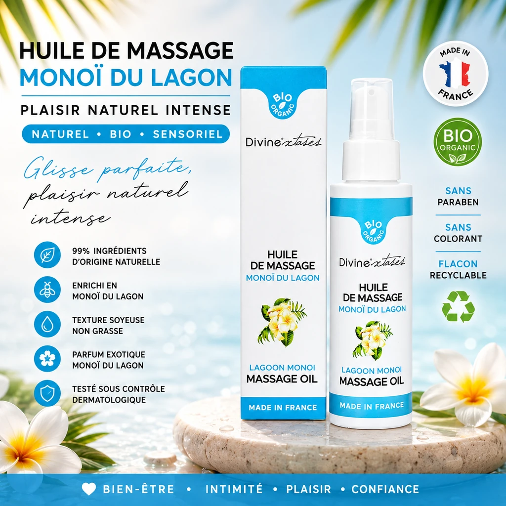 Visuel détaillé de l’huile de massage Monoï du Lagon BIO 100 ml Divine Xtases : ingrédients d’origine naturelle, texture soyeuse non grasse, fabriquée en France