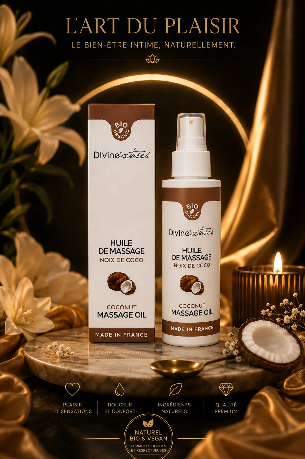 Huile de massage Noix de Coco BIO 100ml Divine Xtases comestible hydratante à la noix de coco fabriquée en France