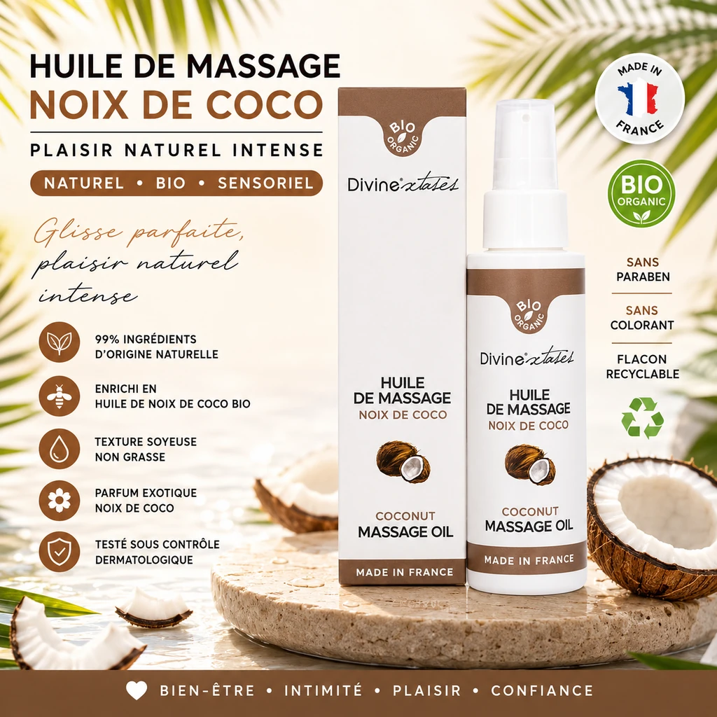 Visuel détaillé de l’huile de massage Noix de Coco BIO 100 ml Divine Xtases : ingrédients d’origine naturelle, texture soyeuse non grasse, fabriquée en France