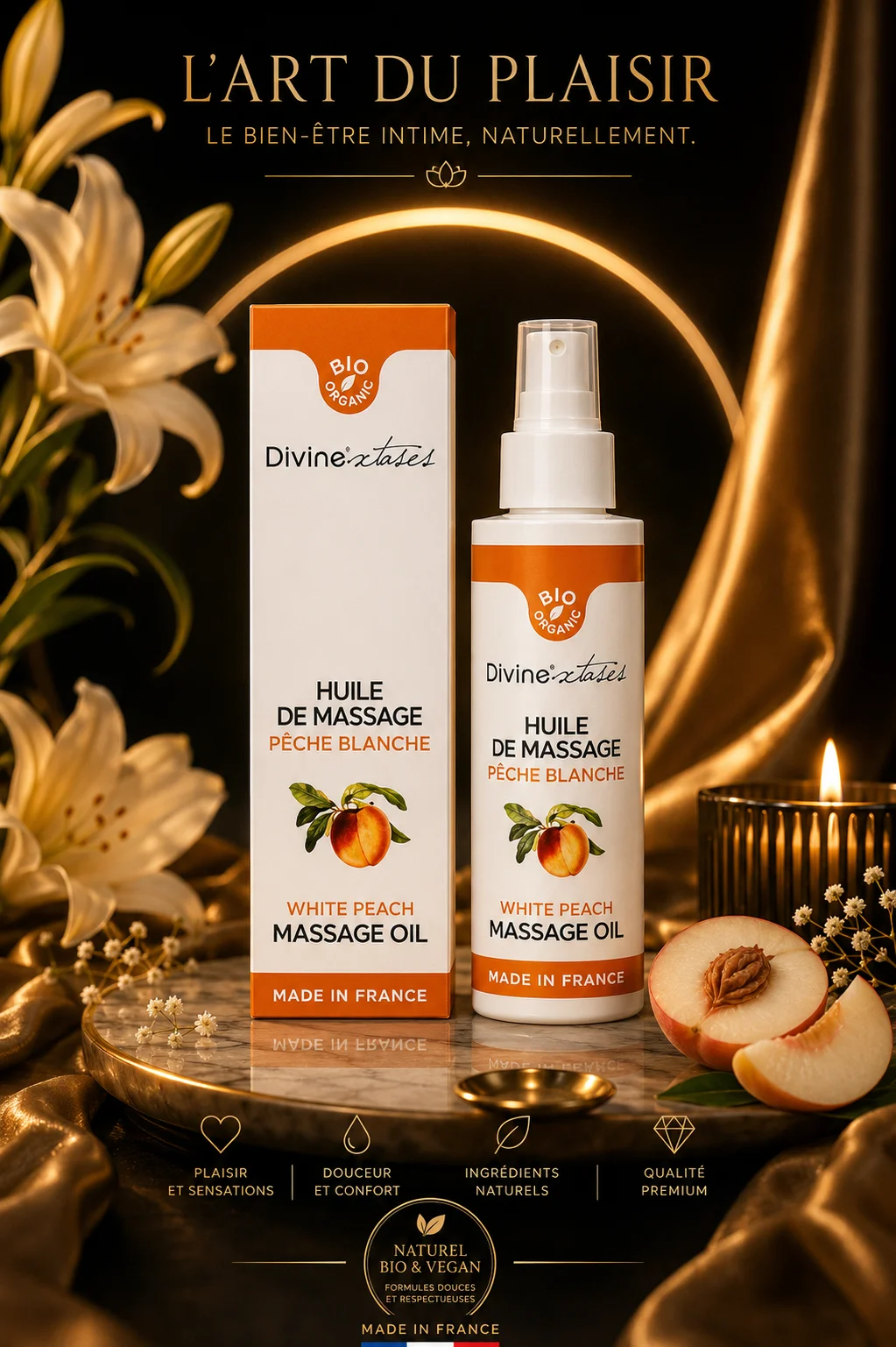 Huile de massage Pêche Blanche BIO 100ml Divine Xtases comestible hydratante fabriquée en France