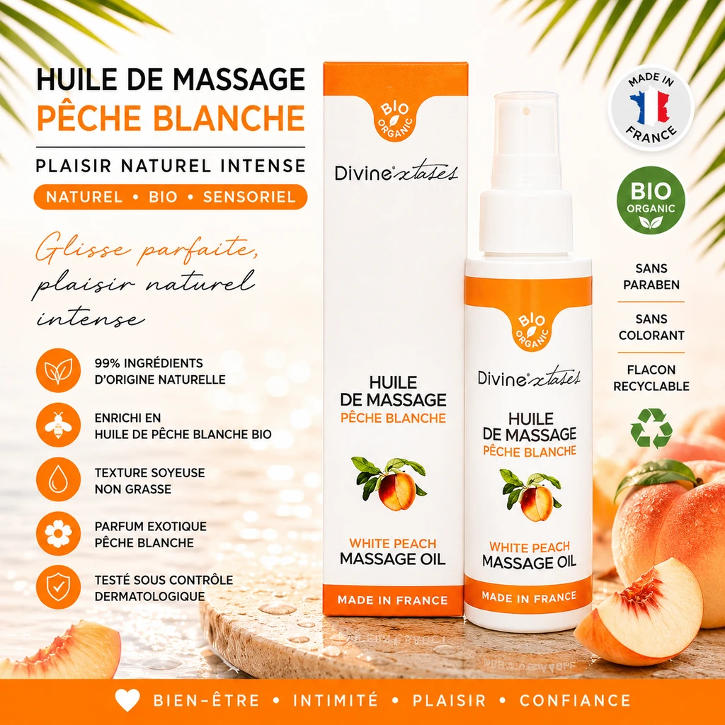 Visuel détaillé de l’huile de massage Pêche Blanche BIO 100 ml Divine Xtases : ingrédients d’origine naturelle, texture soyeuse non grasse, fabriquée en France